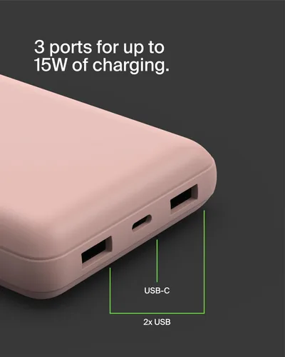 Miniatura 10 de Belkin Cargador portátil, banco de energía USB C de 20000 mAh con 1 puerto USB-C y 2 puertos USB-A, 15 W con cable tipo A a tipo C - iPhone 17, Air