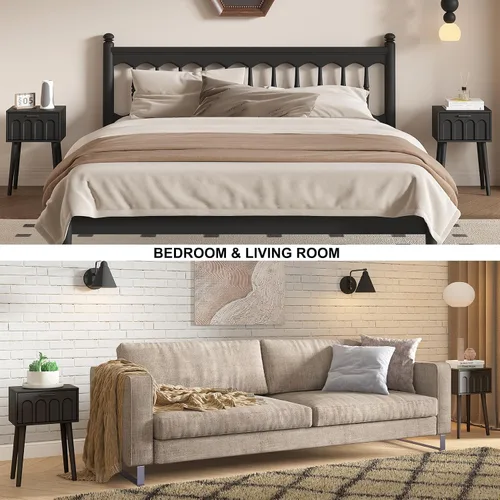 Miniatura 5 de LAATOOREE Juego de 2 mesitas de noche, mesa auxiliar de cama pequeña con puerta de arco, mesa auxiliar de mediados de siglo con patas de madera