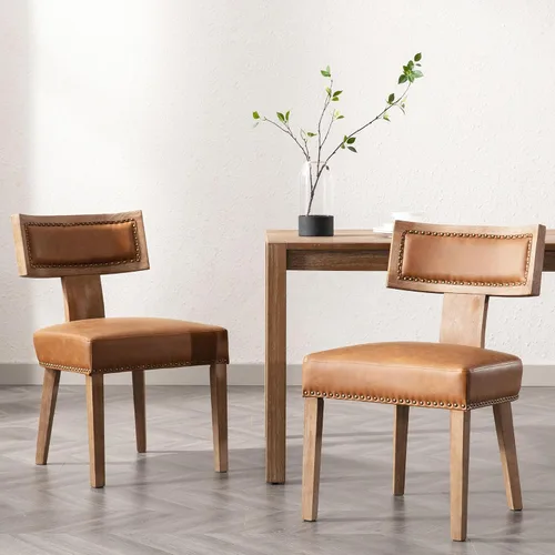 Miniatura 9 de VESCASA Sillas de comedor tapizadas de lino con patas de madera natural, modernas sillas de comedor acolchadas con ribete de cabeza de clavo