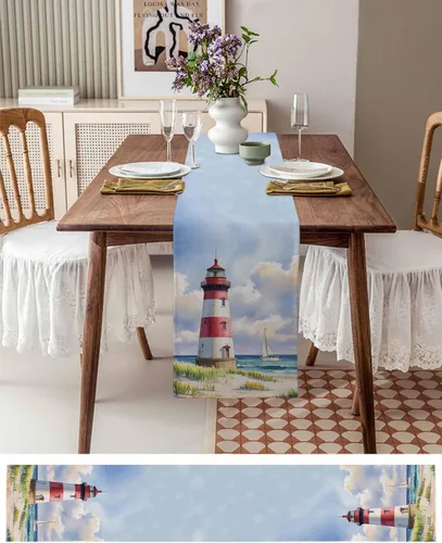 Miniatura 3 de Coastal Lighthouse - Camino de mesa rectangular de lino y algodón de 13 x 36 pulgadas, acuarela, cielo azul, mar, verano, playa, náutico, camino