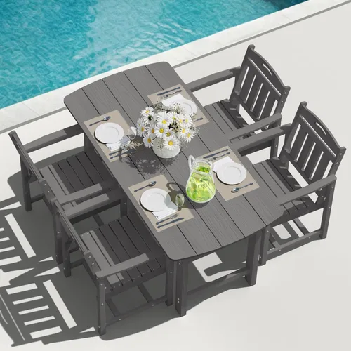 Miniatura 30 de Juego de comedor de patio al aire libre de HDPE con mesa y 6 sillas, juego de mesa y sillas de 7 piezas para todo clima, agujero para sombrilla de 2