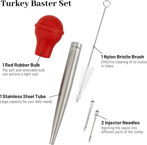 Miniatura 4 de Jeringa de pavo para cocinar, inyector grande de carne de acero inoxidable, con cepillo de limpieza y 2 agujas de adobo, color rojo