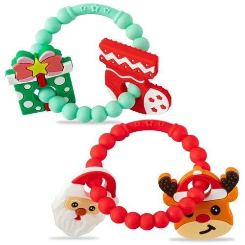 Juguetes mordedores de silicona para bebés de Navidad, 2 piezas, anillo de dentición para regalo de ciervos, mordedor, suave, juguete sensorial para