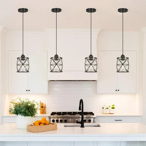 Miniatura 7 de DSMJFU - Paquete de 2 luces colgantes negras, iluminación colgante ajustable de vidrio transparente moderno para cocina, isla, dormitorio, baño