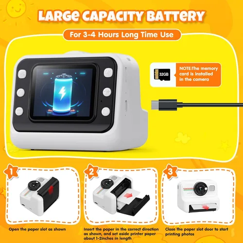Miniatura 7 de Cámara de Impresión Instantánea HiMont para Niños, Cámara Digital HD 1080P para Niños con 3 Rollos de Papel de Impresión y Tarjeta de 32GB, Juguetes