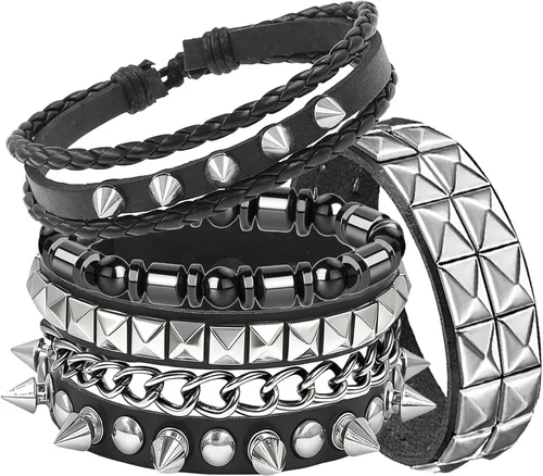 Juego de 4 pulseras góticas de cuero negro, pulseras con tachuelas de pirámide, pulseras de muñeca punk rock para hombres y mujeres, conciertos,