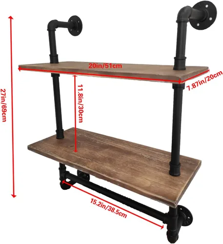 Miniatura 2 de Estante de tubos tipo industrial, toalleros de metal de 2 niveles para baño, estantes flotantes de tubos industriales de 20 pulgadas, estante