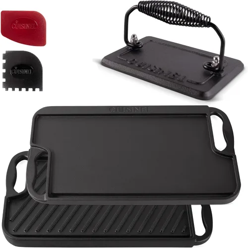 Miniatura 8 de Cuisinel Parrilla de hierro fundido + rascador/limpiador, reversible, pre-sazonado, de 16.75 x 9.5 pulgadas, sartén plana de doble mango y sartén