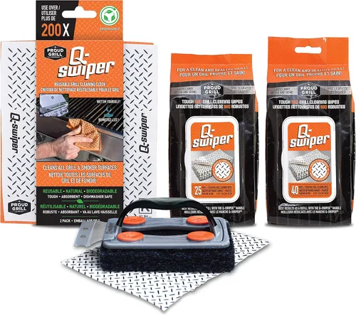 Miniatura 10 de Proud Grill Q-Swiper - Juego de limpiador de parrilla para barbacoa, 1 cepillo de parrilla con raspador y 25 toallitas de limpieza para parrilla