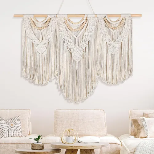 Newwiee Tapiz de macramé grande de 43 x 32 pulgadas para colgar en la pared con barra, decoración bohemia para pared, decoración bohemia con borlas