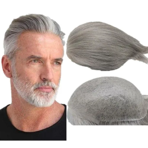 Miniatura 21 de 1B20 unidades de cabello gris Toupee para hombres piezas para hombre NLW sistema de reemplazo de heredero humano europeo para hombres 10x8 "toupee