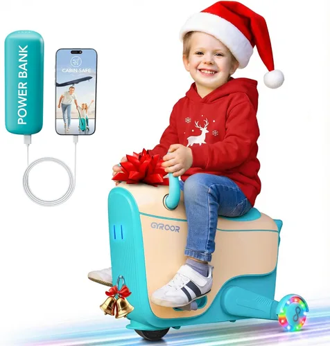 Gyroor Juguete eléctrico para niños de 4 a 8 años, maleta de viaje en avión 2 en 1 con almacenamiento, 3 modos de velocidad, ruedas LED Azul