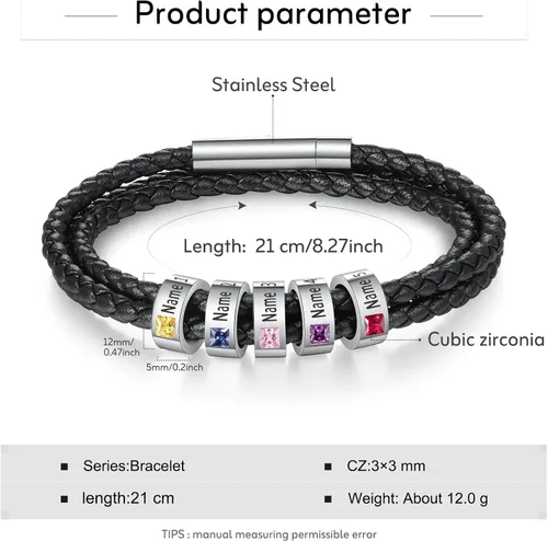 Miniatura 35 de Pulsera personalizada para el Día del Padre para hombre, pulseras personalizadas de cuero trenzado negro con cuentas grabadas de 1 a 8 nombres