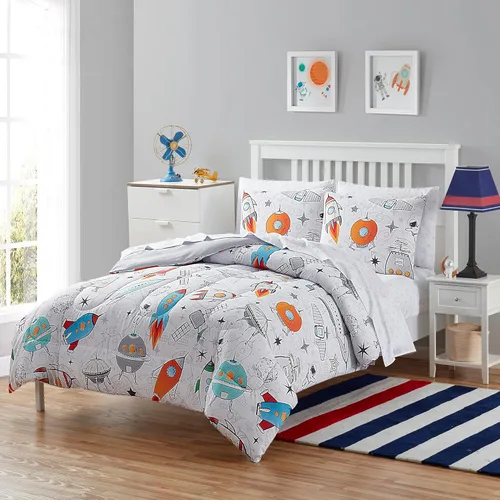 Juego de ropa de cama para niños en una bolsa para niños y niñas, con juego de sábanas impresas y edredón, tamaño completo, flotando en el espacio