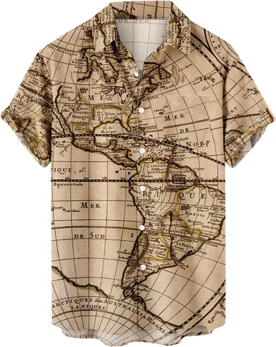 Camisa hawaiana para hombre, casual, con botones, manga corta, unisex, para playa, a la moda, con estampado de mapa del mundo, tops de verano