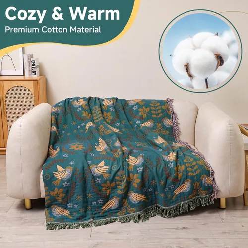 Manta bohemia 100% algodón orgánico ultra suave transpirable rústico edredón de 50 x 60 pulgadas con pájaros y flores para sofá, silla, cama, sillón