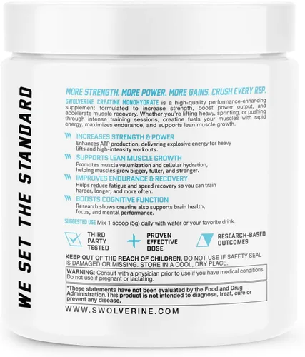 Miniatura 6 de Swolverine Monohidrato de creatina en polvo – 0.18 oz de creatina micronizada, probada por terceros, un solo ingrediente, apoya la fuerza muscular