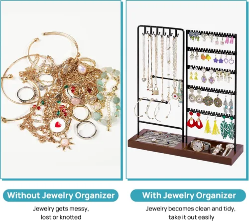 Miniatura 3 de Vtopmart Soporte organizador de joyas para aretes, collares, anillos, pulseras, exhibición y almacenamiento, con 90 agujeros, 12 ganchos, negro +