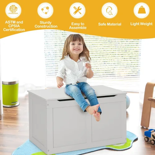 Miniatura 4 de Costzon Caja de juguetes de madera para niños, baúl y banco de almacenamiento para niños con tapa abatible, bisagras, organizador de almacenamiento