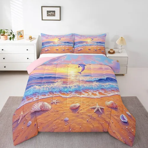 Miniatura 27 de Castle Fairy Juego de edredón de verano para niños, tamaño individual, diseño náutico reversible con diseño náutico de estrellas de mar, barco y Azul