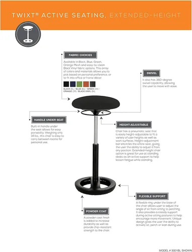 Miniatura 6 de Safco Twixt - Silla de asiento con movimiento activo, soporte ergonómico, altura ajustable, malla negra