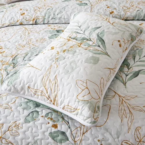 Miniatura 6 de Juego de edredón verde botánico floral de tamaño completo, 3 piezas, ropa de cama reversible suave para todas las estaciones (90"x78")