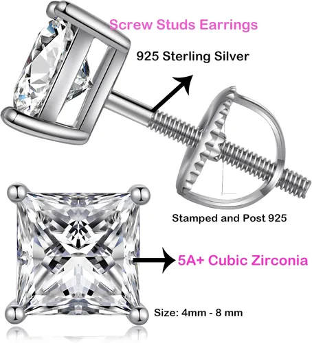 Miniatura 7 de Jiamiaoi 18k White Gold Plated Simulated Diamond Stud Earrings Screw Back Sterling Silver Cubic Zirconia Stud Earrings Set 4 Millimeters-8