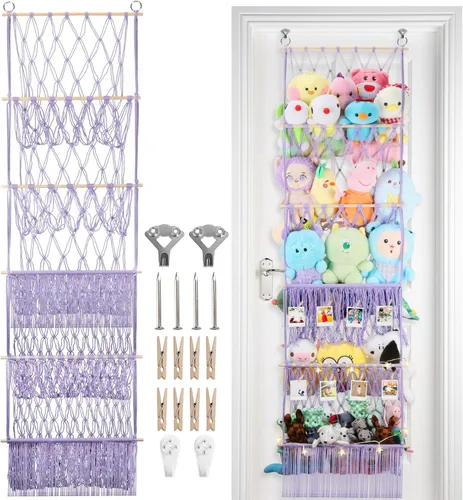 Miniatura 12 de Red de almacenamiento de animales de peluche de 2 niveles, 17 x 32 pulgadas, organizador grande de animales de peluche para pequeños rellenos
