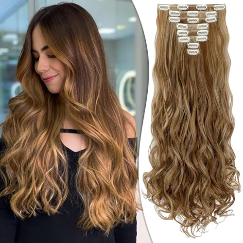 Extensiones de cabello con clip de 24 pulgadas, 8 piezas, mezcla de rubio ceniza y marrón claro, extensiones de cabello sintético ondulado largo,