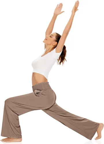 Miniatura 4 de UEU Pantalones de cintura alta con volantes fruncidos y pierna ancha para mujer, estilo casual, holgados, pantalones de yoga con bolsillos