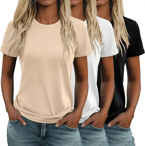 Miniatura 40 de Huukeay Paquete de 3 camisetas de algodón para mujer, estilo casual, de manga corta, cuello redondo, ajuste holgado, básica, lisa