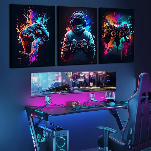 Miniatura 5 de 3 piezas de arte de pared de videojuegos geniales retro acuarela pósters cuadros coloridos neón gamepad lienzo pintura impresiones para habitación