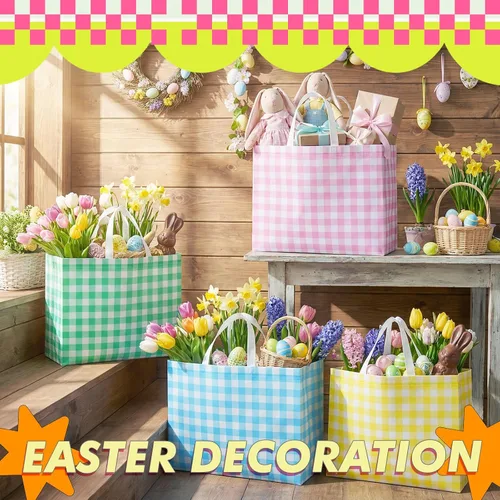 Miniatura 6 de Colarr 12 piezas bolsas de mano de Pascua extra grandes con asa, bolsa de regalo de primavera, no tejida, a cuadros búfalo, impermeable