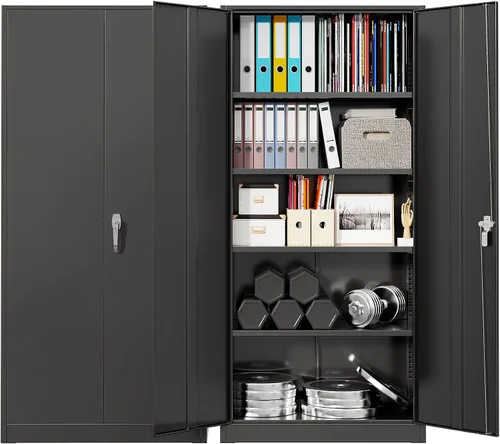 Pataku Armario de almacenamiento de metal con cerradura, gabinete de garaje negro de 71 pulgadas de alto con 2 puertas y 4 estantes ajustables,