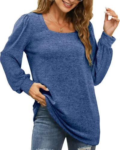 Miniatura 2 de WIHOLL Camisetas tipo túnica para mujer ajuste holgado manga larga cuello cuadrado