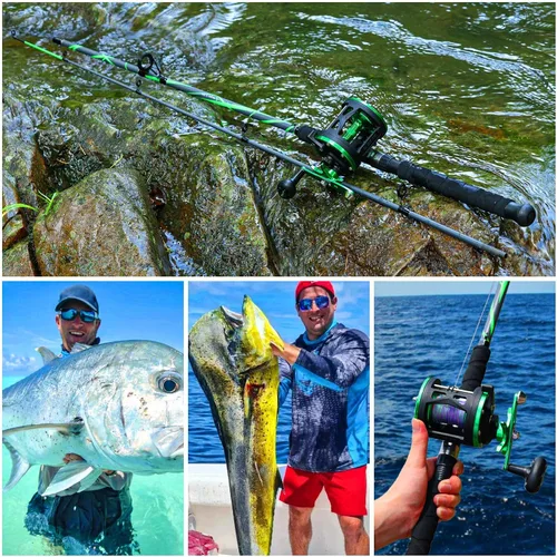 Miniatura 7 de Sougayilang Caña de Pescar de Vidrio Progresiva Combo de Carrete Convencional Medio Pesado para Bagre, Salmón y Steelhead-7'0" Verde- Diestro