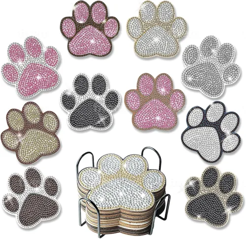 10 piezas de posavasos de pintura de diamante | Posavasos de arte de diamante | Pintura de arte de diamante de pata de perro | Regalo de arte y Pata
