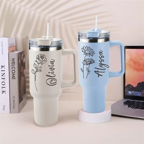 Miniatura 6 de ThermoThrill Se envía al día siguiente, vaso personalizado de 40 onzas con asa y pajita Vaso personalizado con texto Taza de acero inoxidable