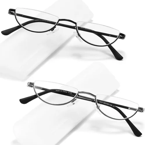 Half Lens Reading Glasses Blue Light Blocking, Half Moon Frame Semi Rim Spring Hinge Readers with Case for Men Women