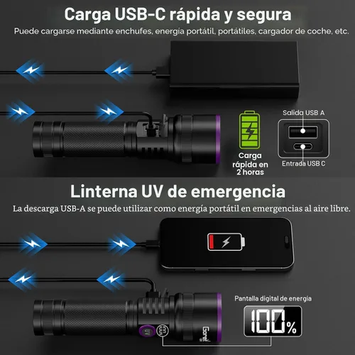 Miniatura 5 de Goreit Luz negra de 365 nm con lente de filtro, linterna de luz UV fuerte de 30 W, recargable con pantalla LCD, luz negra ultravioleta