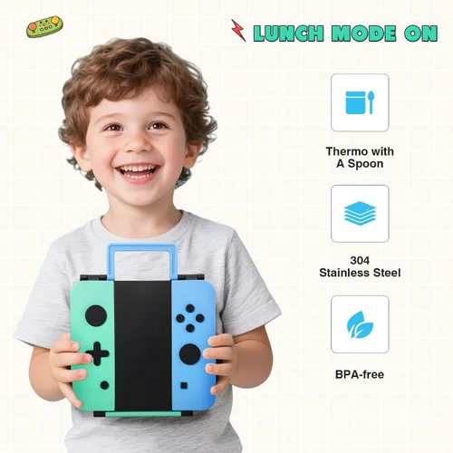 Miniatura 7 de Caja Bento Game para niños, lonchera con termo (tarro de comida de 9 onzas), cuchara plegable, divisor extraíble y taza de salsa, lonchera infantil