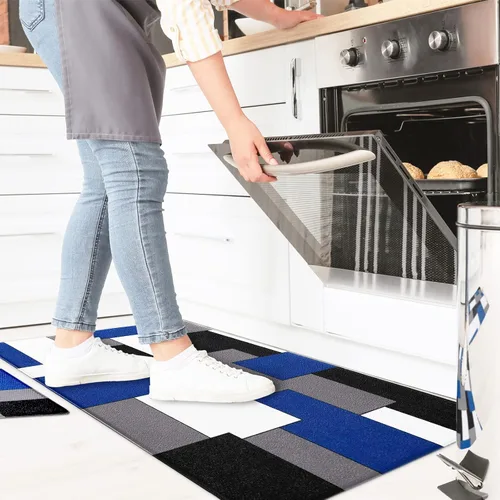 Miniatura 2 de AILUER Juego de 2 alfombras y tapetes de cocina azules y negros, arte geométrico abstracto, acolchados, arte abstracto y moderno, tapetes de cocina