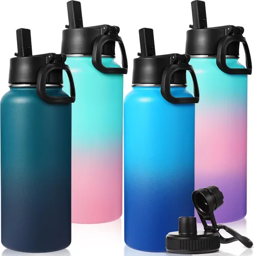 Miniatura 19 de Neihepal Botella de agua aislada de 32 onzas con 2 tapas (tapa con pajilla y boquilla), botellas de agua de doble pared de acero inoxidable 18/8