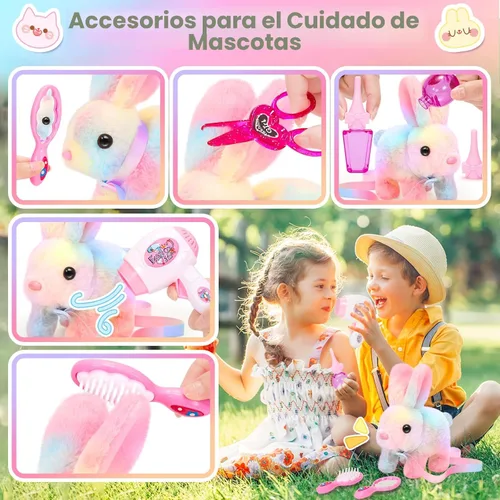 Miniatura 3 de NINAOR Juguetes interactivos de peluche para niños con bolsas de mano, conejo robot de peluche con correa que salta y orejas que se mueven, juguetes