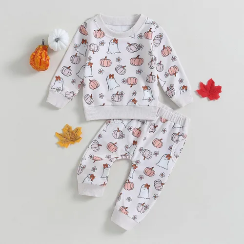 Miniatura 24 de YINGISFITM Conjunto de camisa de calabaza de Halloween para bebé, niña, niño, sudadera y pantalones para otoño e invierno