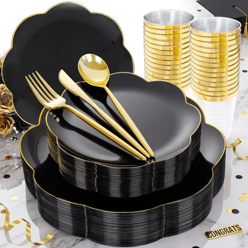 Miniatura 14 de ejonirinjonir EI - 180 platos de plástico beige con cubiertos de plástico dorado, platos desechables de alta resistencia para fiestas, juego