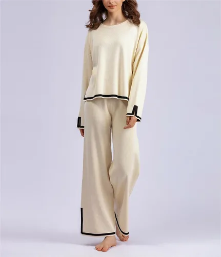 Miniatura 2 de Conjunto de 2 piezas de suéter para mujer, conjunto de punto de manga larga, sin botones, pantalones de pierna ancha