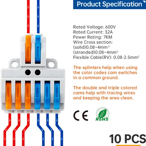 Miniatura 3 de 10 conectores de cable de palanca, conector de cable de cableado rápido, bloque de terminales de conductor a presión (2 en 6 salidas)