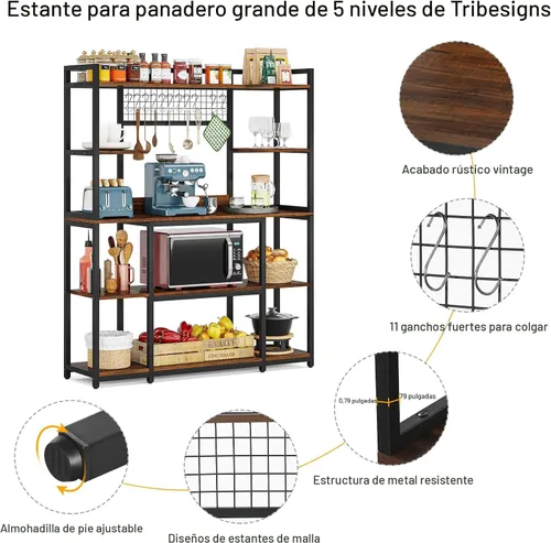 Miniatura 7 de Tribesigns Estante Grande para Panaderos, Aparador de Cocina de 55" de Ancho Soporte para Microondas con 11 Ganchos, Estante de Panadero de 5