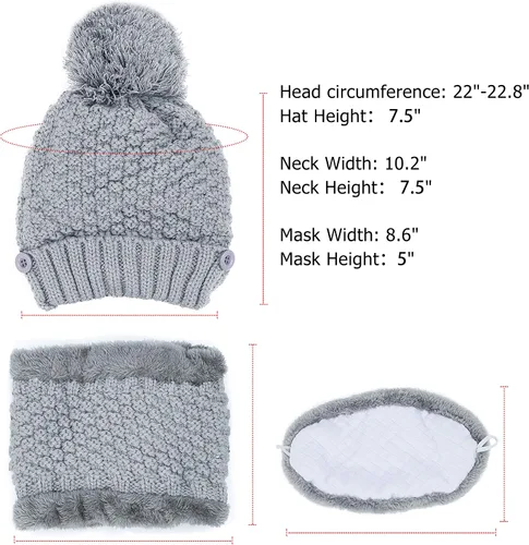 Miniatura 5 de Gorro de invierno para mujer, conjunto de bufanda y máscara para mujer, grueso y cálido, forro polar, con forro polar, 3 piezas